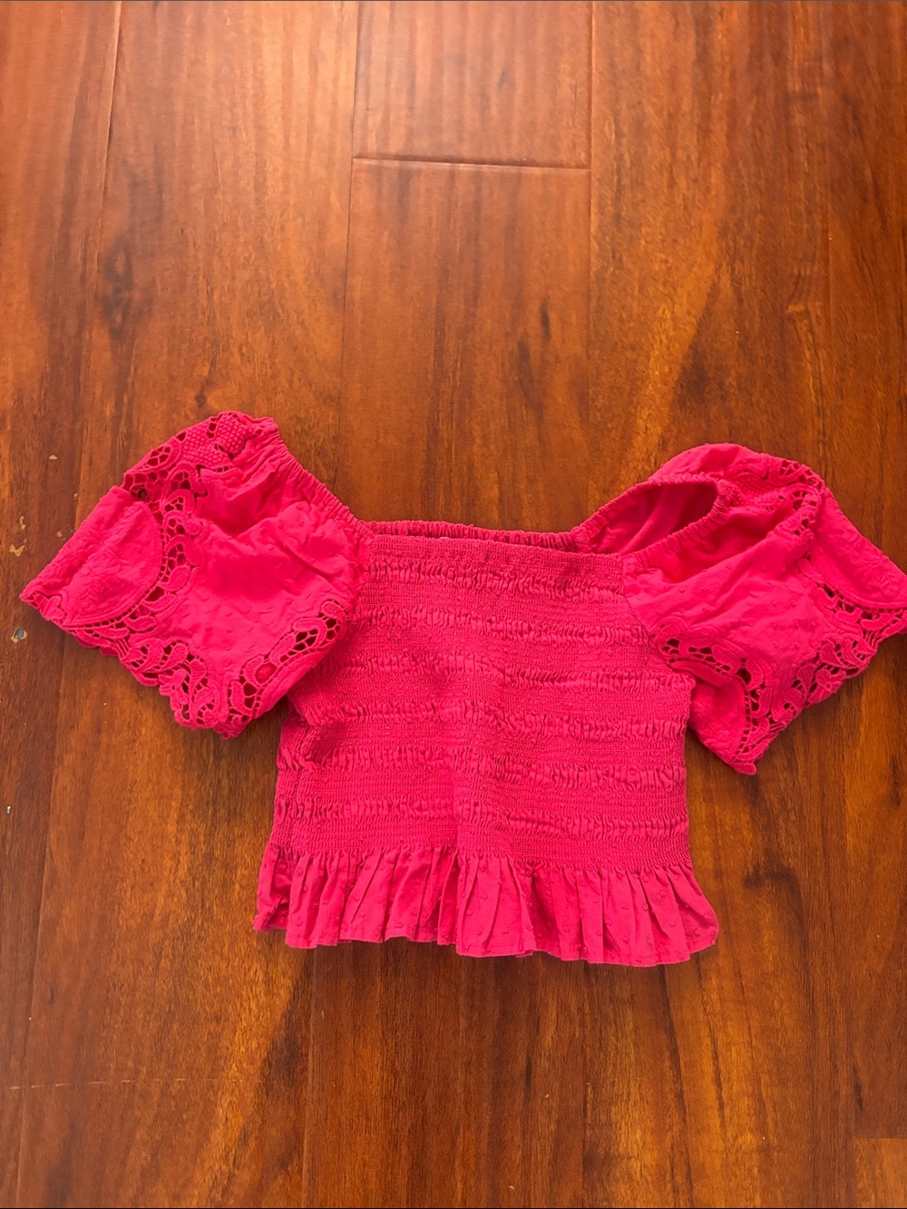 GB girls Hot Pink Smocked Off-Shoulder Crop Top with Eyelet Puff Sleeves